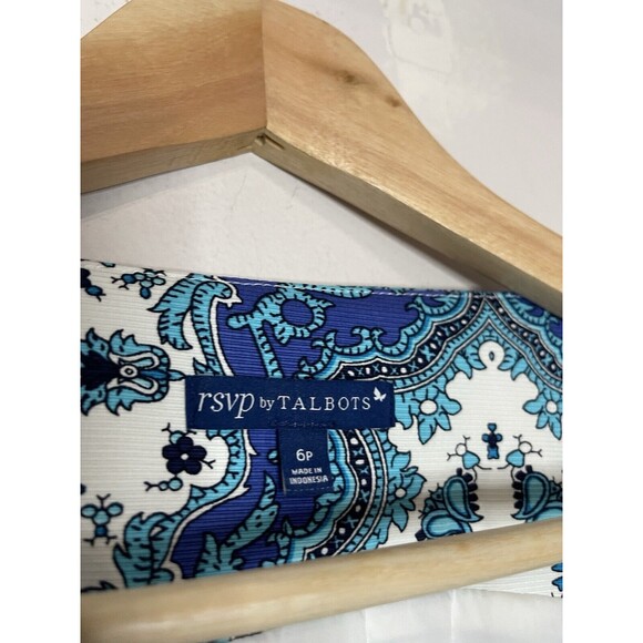 RSVP by Talbots Top womens 6p sleeveless vneck blue white Side Zip Paisly Print - Picture 3 of 9